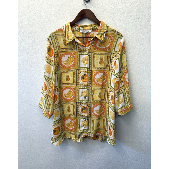 Catherines Tops - Rose+Olive Button Up Shirt Womens Plus Size 1X Floral Fruit Print Beach Tropical